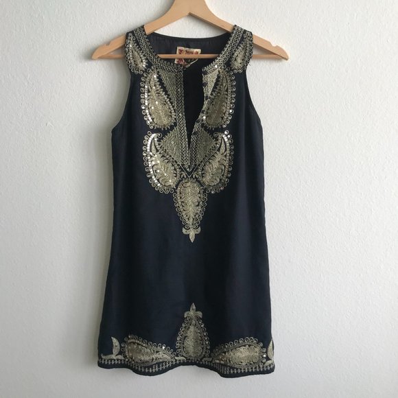 Free People Dresses & Skirts - FP Free People Black and Gold Paisley Sequin Mini Dress Size 0